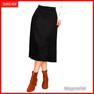 Faux Suede Midi A-Line Skirt, Work Casual, High Elastic Waist, XS